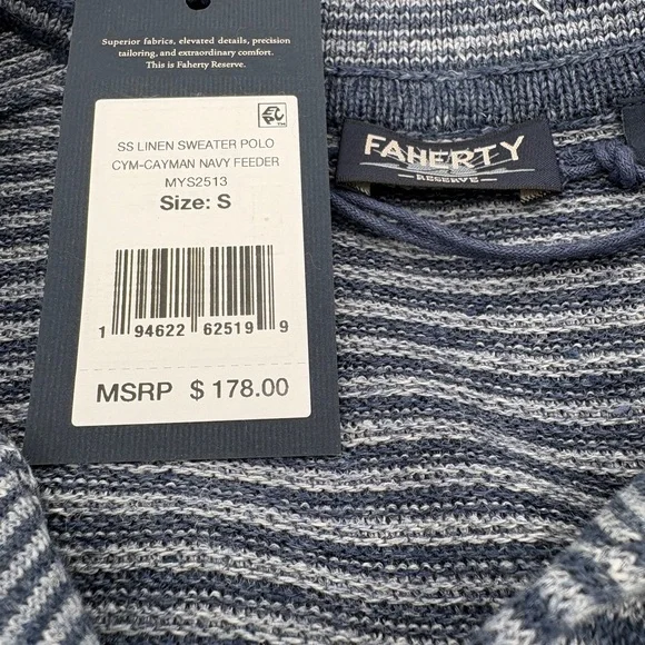 NWT Mens Small Faherty Cayman Navy Feeder Short Sleeve Linen Sweater Polo Top